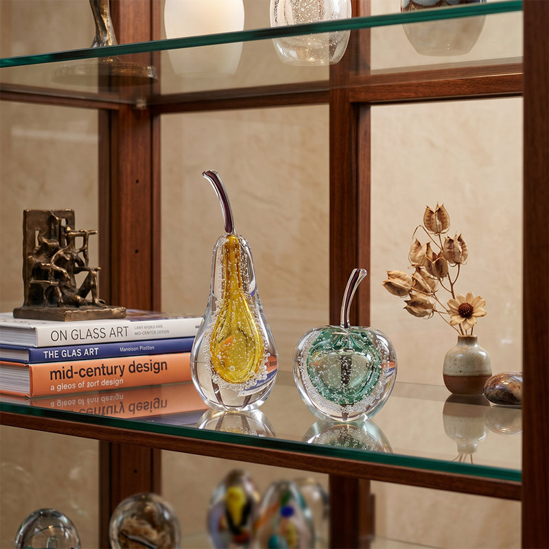 Sculpture de fruits Art Glass - Figurine en cristal de bulles, poire ou pomme, avec noyau de couleur et tige tirée à la main | Décoration moderne pour bibliothèque, console et table basse