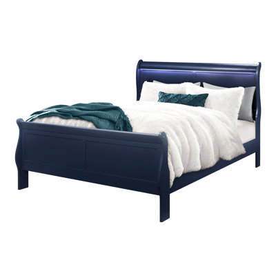 Lit en bois massif bleu et grand lit avec tête de lit à DEL et pieds tournés, profondeur de 61,8 po, largeur de 87,97 po, hauteur de 47,88 po, poids de 77,59 lb, matelas non inclus, tête de lit de style, pieds
