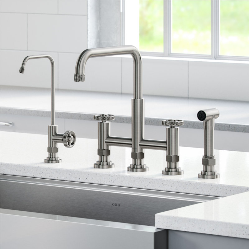 KRAUS Urbix Industrial Bridge Kitchen Faucet and Water Filter Faucet Combo, Spot Free Stainless Steel