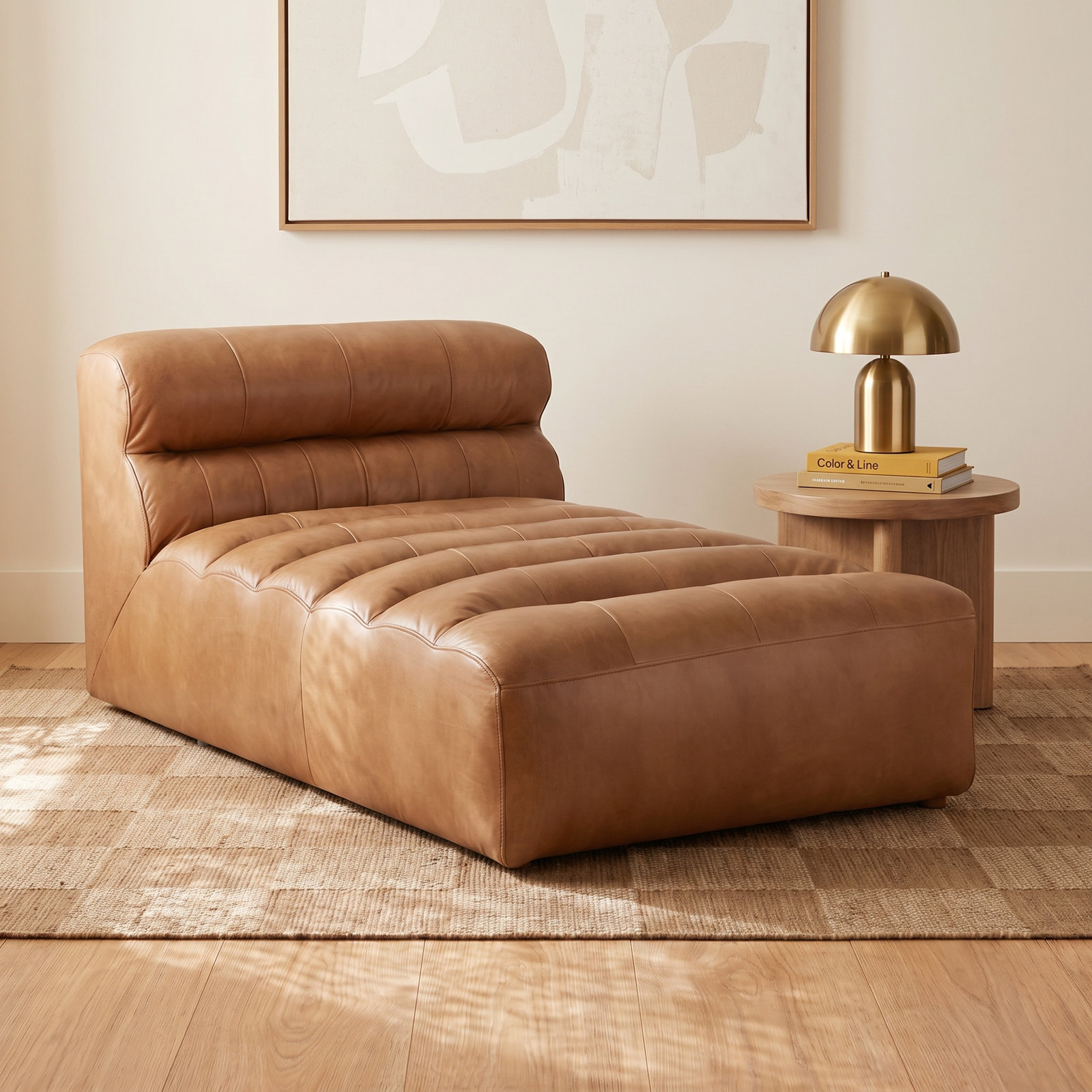 Anya Upholstered Chaise Lounge, Tan Top Grain Leather