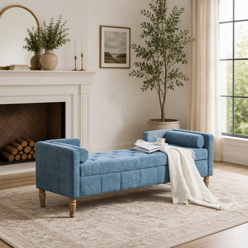 Banc de rangement à couvercle rabattable recouvert de chenille, avec accoudoirs, dossier et coussins pour une utilisation polyvalente à la maison, pieds en bois d'hévéa blanchi
