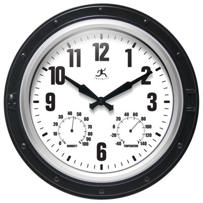 Outdoor Round Plastic Wall Clock 16 Inches - Black and Silver