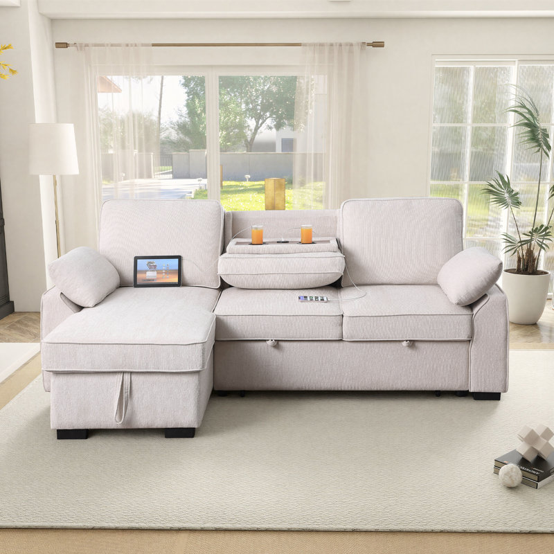 91" Upholstery Sectional Sofa with Storage Chaise, Chenille Convertible Sleeper Sofa Bed with USB Port, 2 Cup Holders on Back Cushions