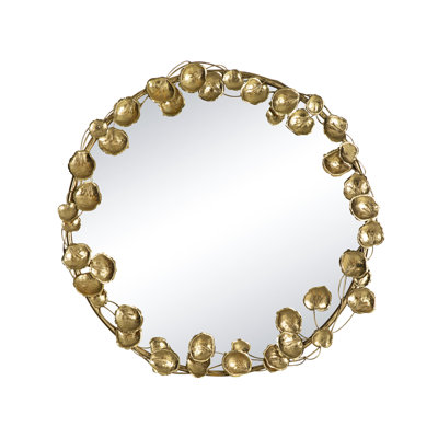 35" Round Modern Mirror With Golden Leaf Details, Living Room, Entryway, Hallway Ornament, Iron And 35.2x35.2 Inch Metal Wall Room Feature, Robust