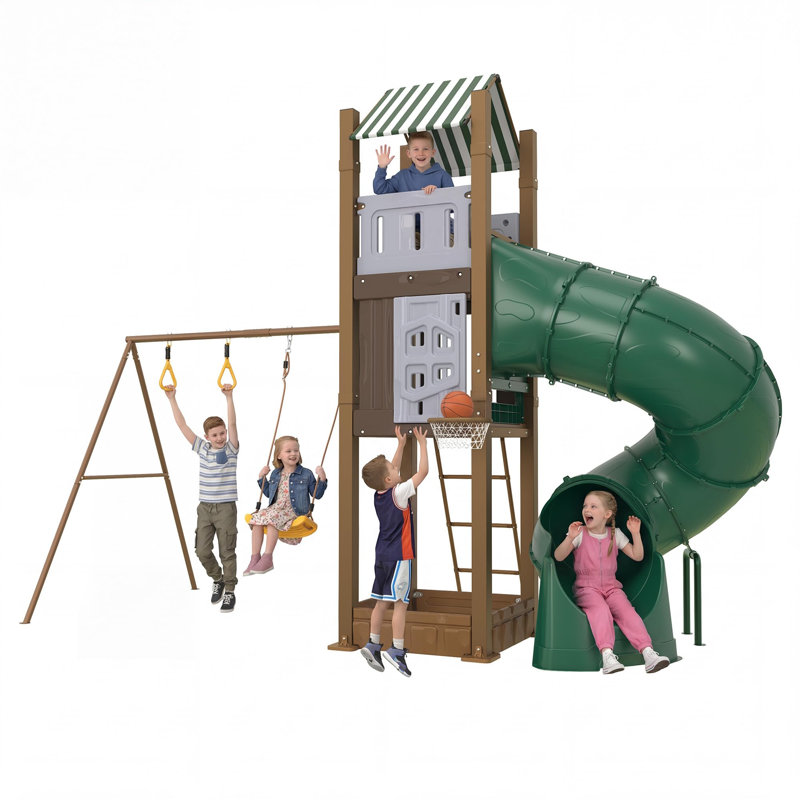 Balançoires d'extérieur pour la cour arrière, balançoire en métal pour enfants avec balançoire à ceinture, balançoire à soucoupe, barre de trapèze à anneau, balançoire à bascule, échelle d'escalade, panier de basketball