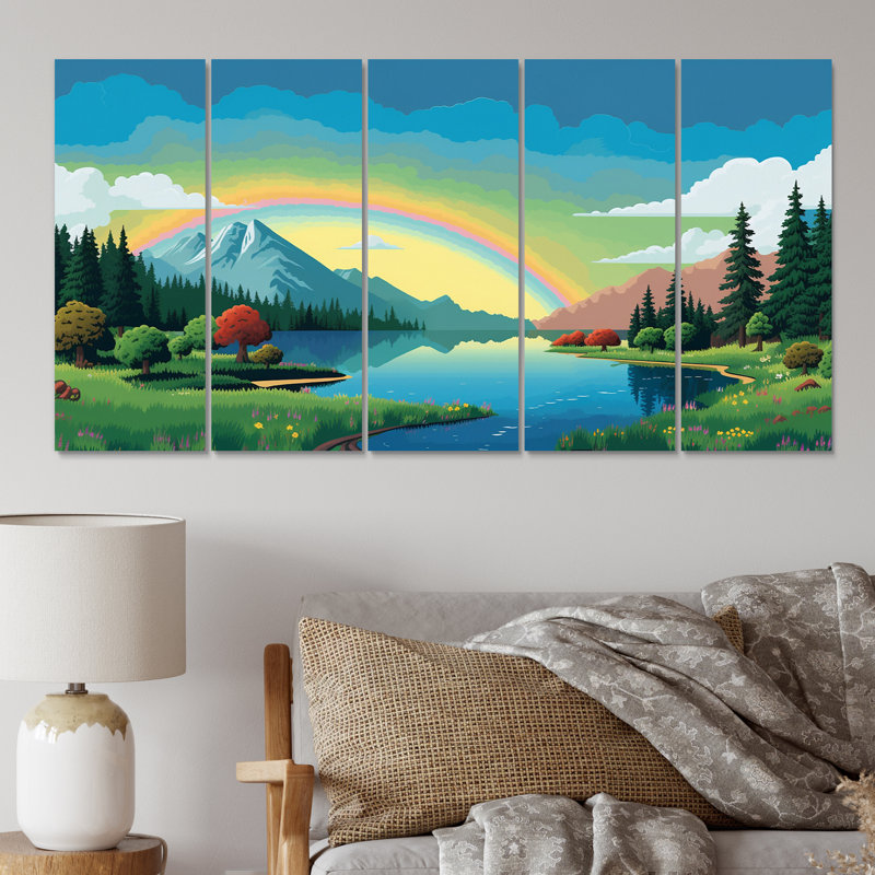 Conscience des montagnes, arc-en-ciel VI - Paysage mural, art mural, salon - 5 panneaux égaux