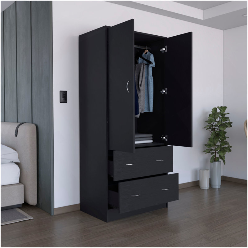 Armoire H 71 po avec deux portes, deux tiroirs et une tringle, noir