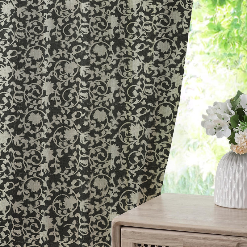 Black Handmade Heavy Linen Home Decorative Curtain, Floral 100% Blackout Block Print, with Pleated Pinch, Perfect for Living Room, Office, or Patio, Devdas