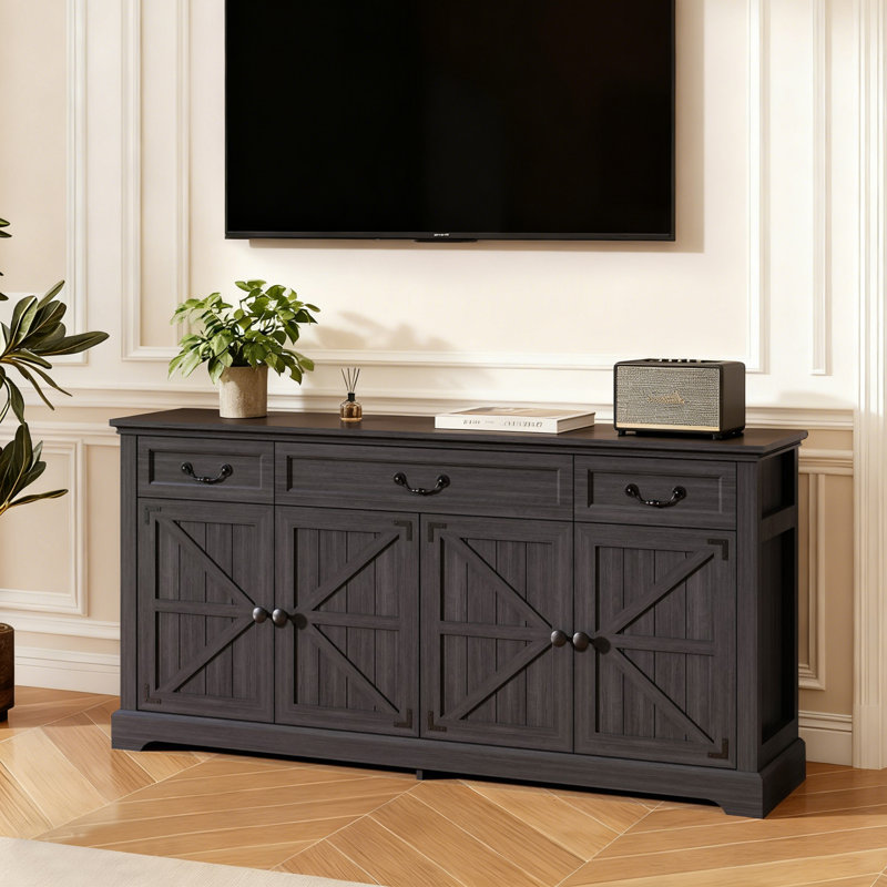 65-Inch Rustic Farmhouse Sideboard Buffet Cabinet | 4 Doors 3 Drawers | Adjustable Shelves | Coffee Bar & Storage for Dining Room, Living Room or Entryway