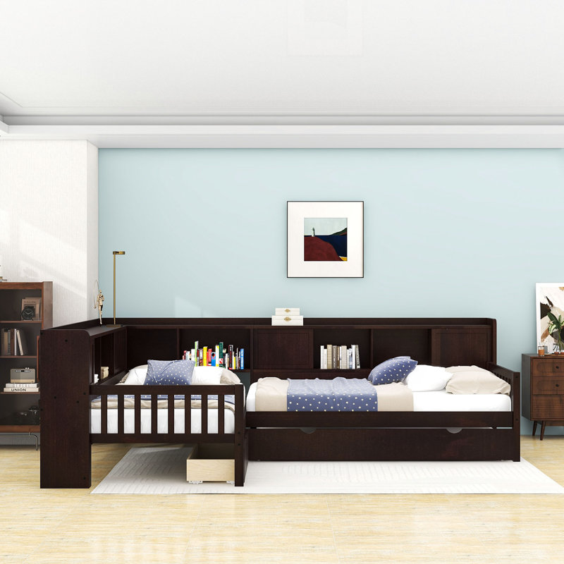Lit plateforme en L avec lit gigogne, tiroirs de rangement et tablettes, Espresso