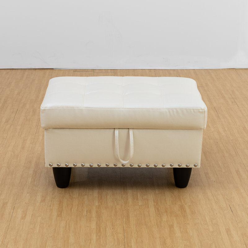 Yinn Upholstered Standard Storage Ottomans with Nails, White Faux Leather