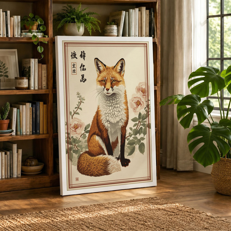 Sitting Fox with Flowers Japandi 1 Piece Wrapped Canvas Wall Art, 18x12 - 45.7 x 30.5 cm, Teal Border
