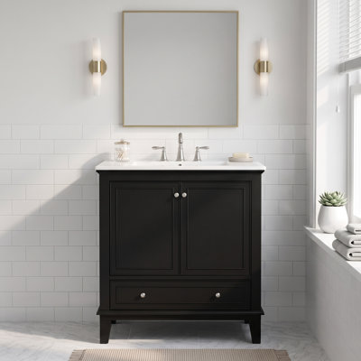 Meuble-lavabo autoportant noir de l 30 po x P 18 po x H 34 po avec comptoir en céramique intégré (robinet non inclus)