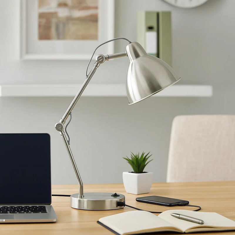 Lampe de bureau d'étude, bras réglable, port USB, métal chromé, 17 pouces