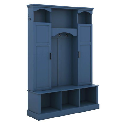 All-In-One Hall Tree With Adjustable Shelves, Arched Storage Bench With Dual Side Cabinets, Entryway Organizer With 7 Hooks