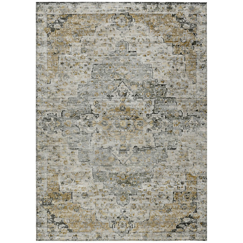 Tapis intérieur/extérieur lavable à médaillon taupe et beige 90 x 150 cm