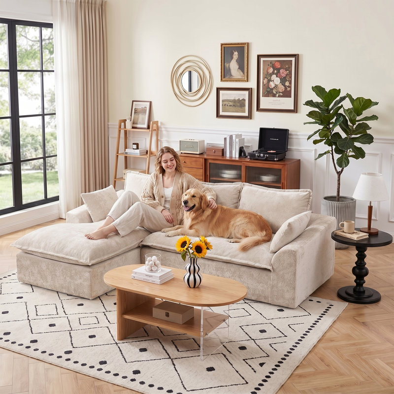 Boneless 103" Boneless Compressed Sectional Couch No Assembly Required With Pillows, Beige, Left Hand Facing