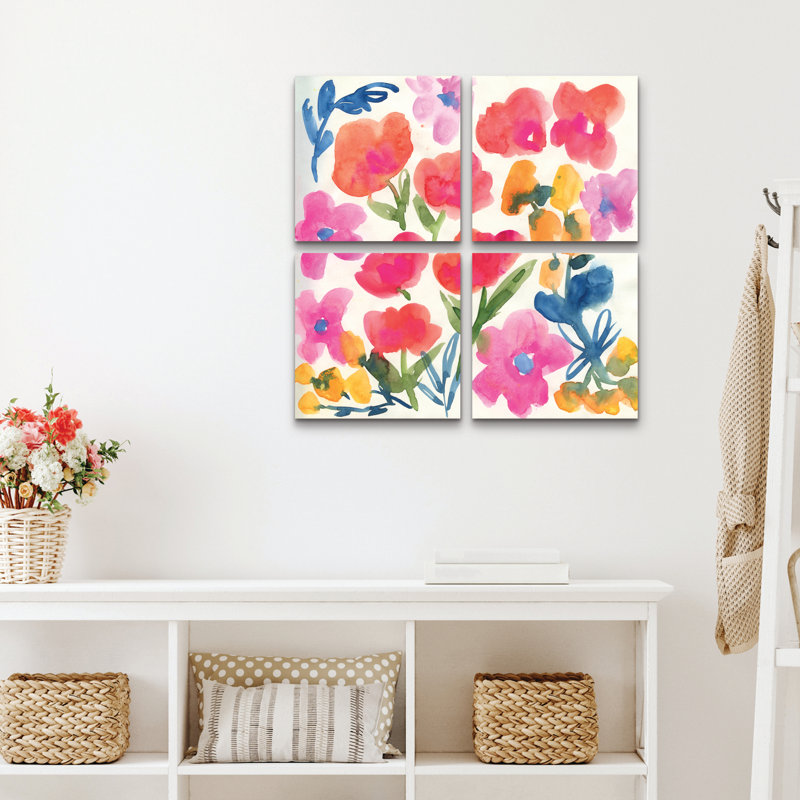 Ensemble de 4 panneaux - Suzanne Allard «Loose Watercolor Blooms 23», art mural sur toile pour le salon, la chambre à coucher ou le bureau 