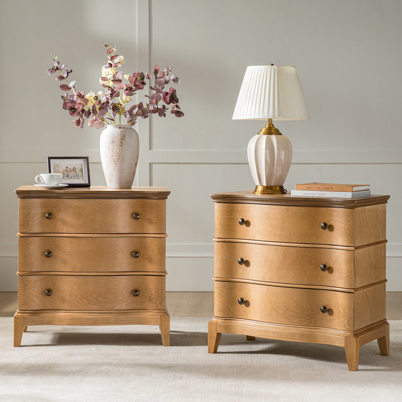 Elfine Transitional 28"W Curved 3-Drawer End Table with Charging Station and Simple Assembly, Teak