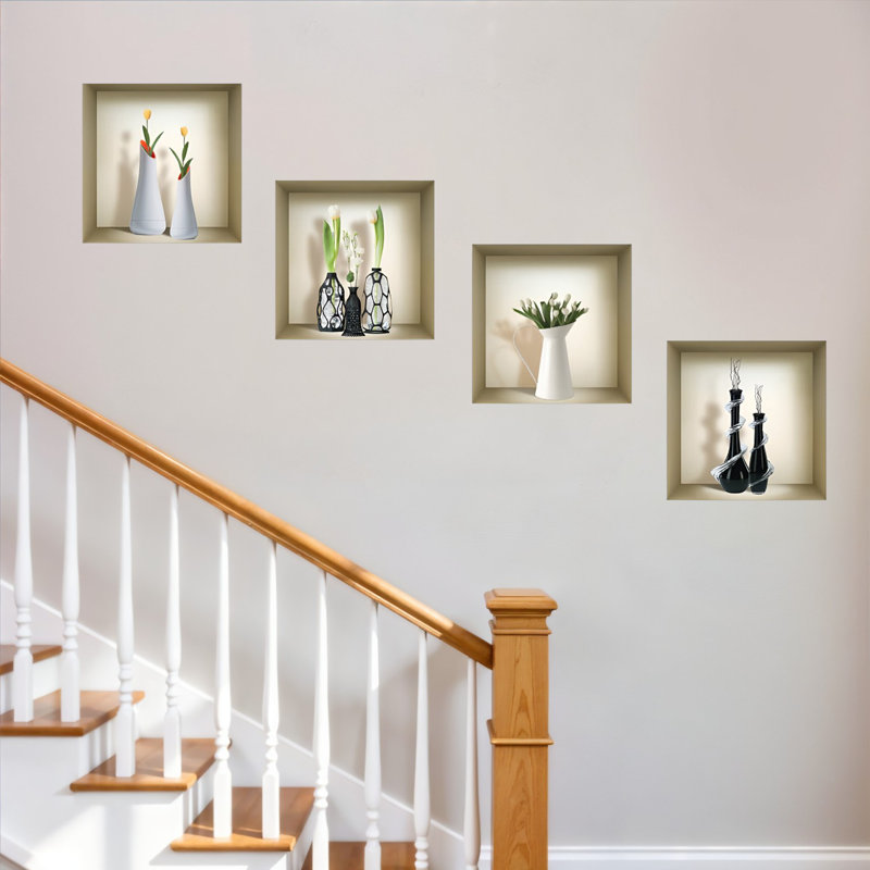 Set of Four 12 x 12 Inch Beige and Black Faux Niche 3D Wall Decals