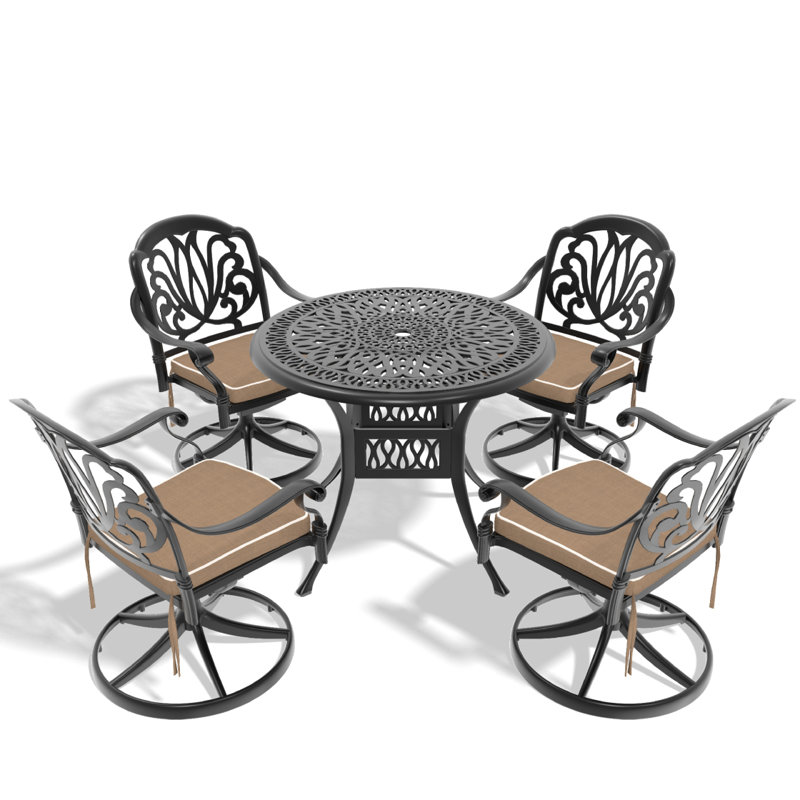 Ensemble de salle à manger 5 pièces en aluminium coulé résistant aux intempéries, comprenant 4 chaises pivotantes et une table ronde de 35,43 po avec structure noire (même référence: W1710S00263)