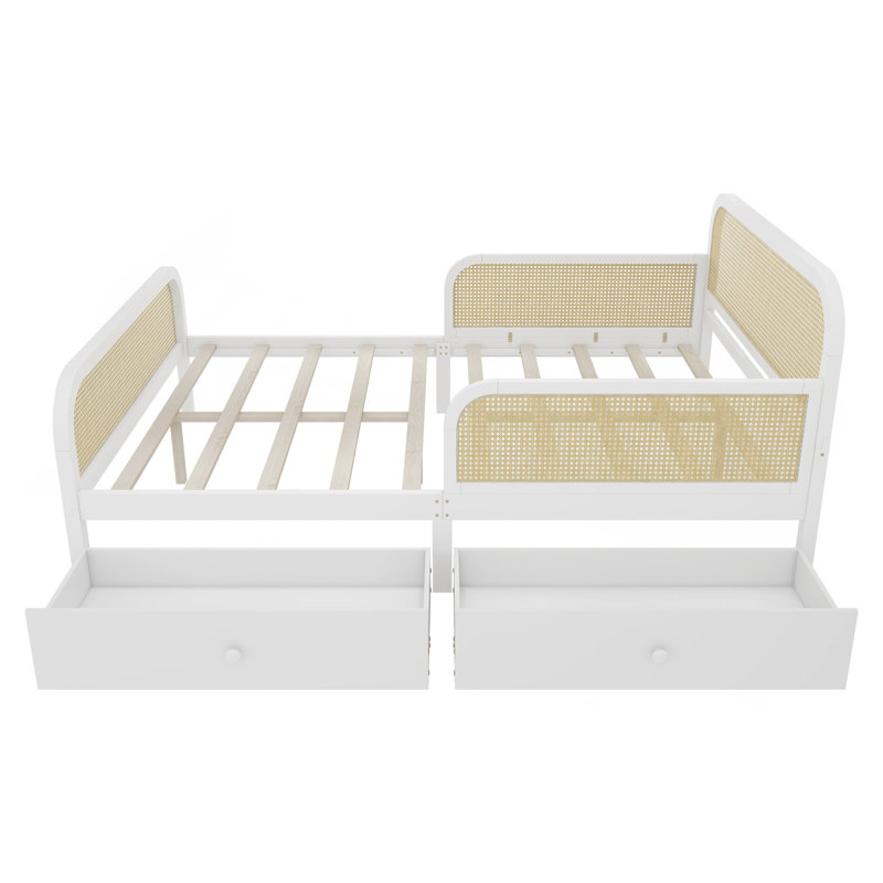 Structure de lit plateforme double avec 2 tiroirs de rangement, lit en rotin pour enfants avec tête et pied de lit, blanc
