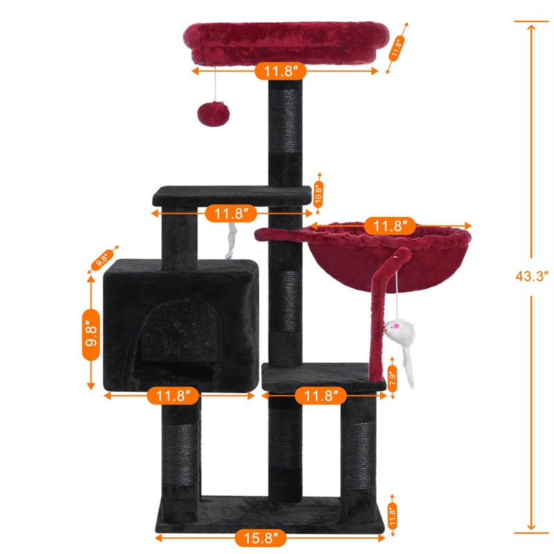 Arbre à chat Faraday, H 43,31 po x l 12,6 po x L 17,32 po, Rouge / noir