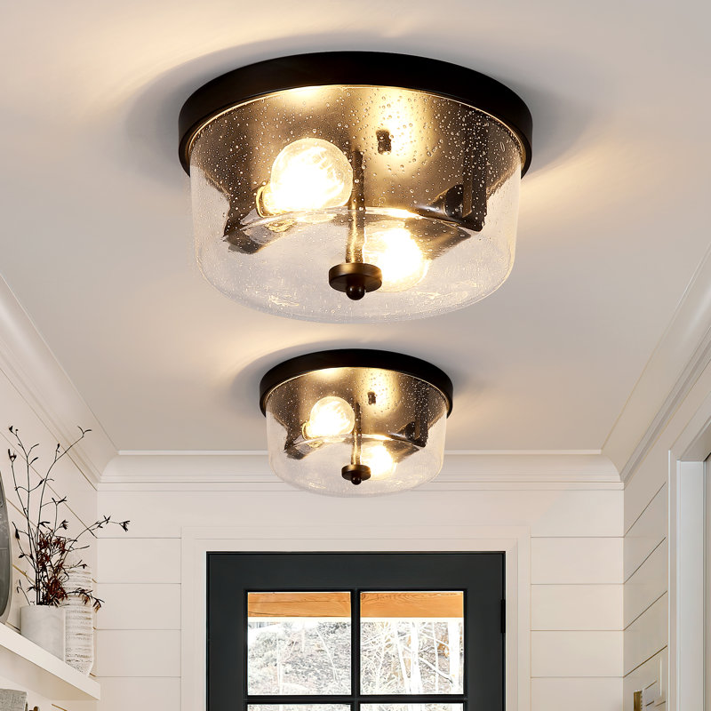 10.6 In. 2-Light Black Flush Mount With Seeded Glass Shade (Set Of 2)