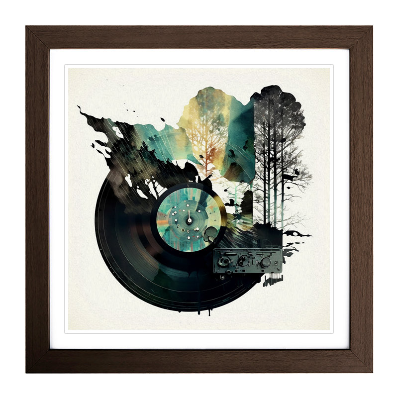 Vinyl Record Player Double Exposure - Single Picture Frame Print on Wood, Walnut