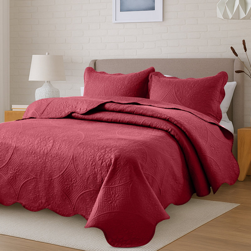 Floral Embossed Quilted Bedspread Set, Oversized and Lightweight Bedding Set with Pillow Shams, Burgundy