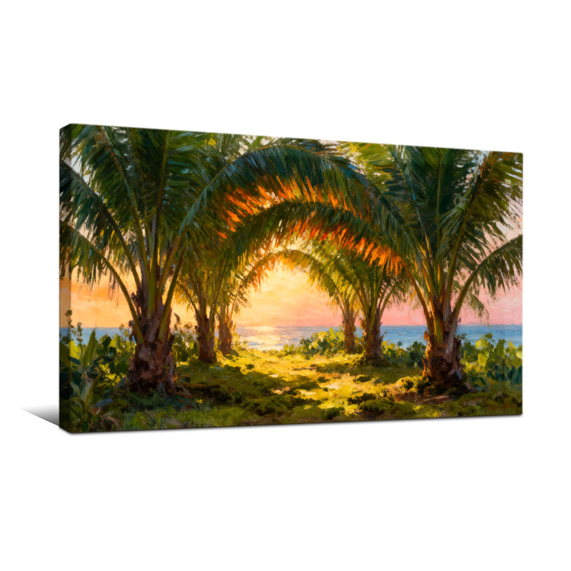 Plantes et fleurs, palmier tropical, scène de plage, H 28 po x l 58 po