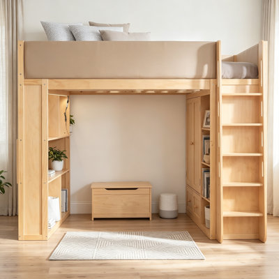 Lit mezzanine en bois massif pleine grandeur avec garde-corps en similicuir entièrement rembourré, lit haute avec garde-robe intégrée, tiroirs, tablettes à plusieurs niveaux et lumières DEL ambiantes, couleur bois