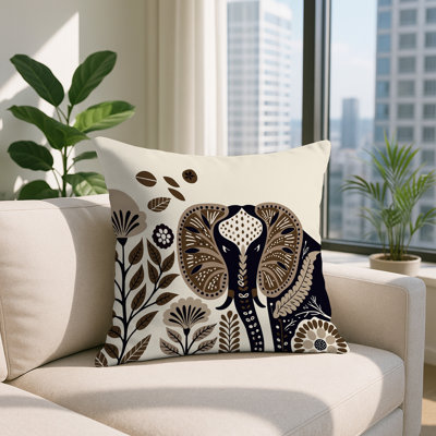 Oreiller carré réversible intérieur / extérieur à motif d'éléphants Issa