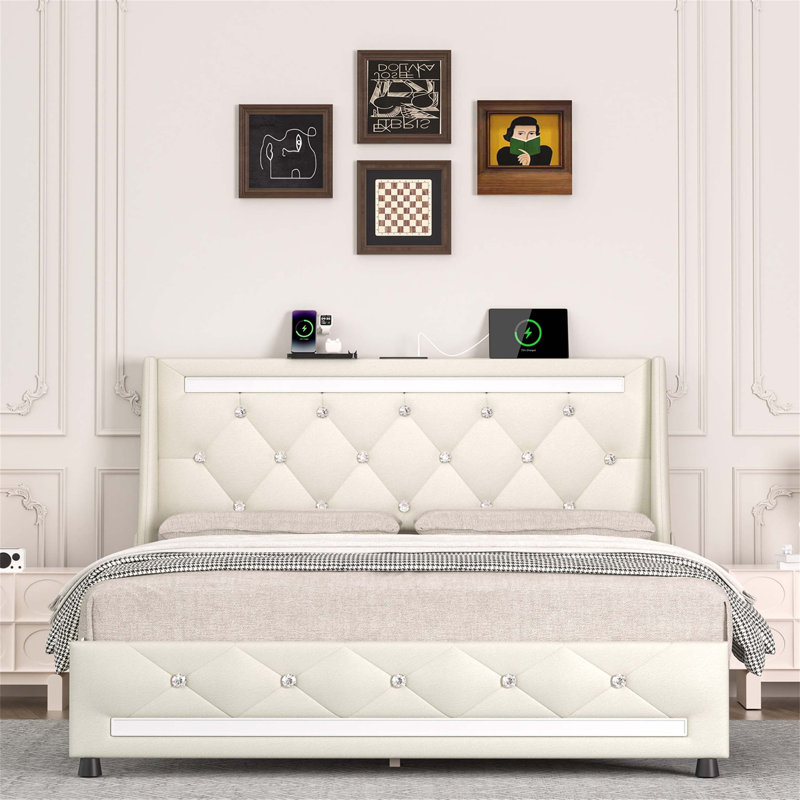Structure de lit double avec tête de lit, lit plateforme tapissier avec station de charge, lumières DEL, support de lattes en bois et fonction de rangement
