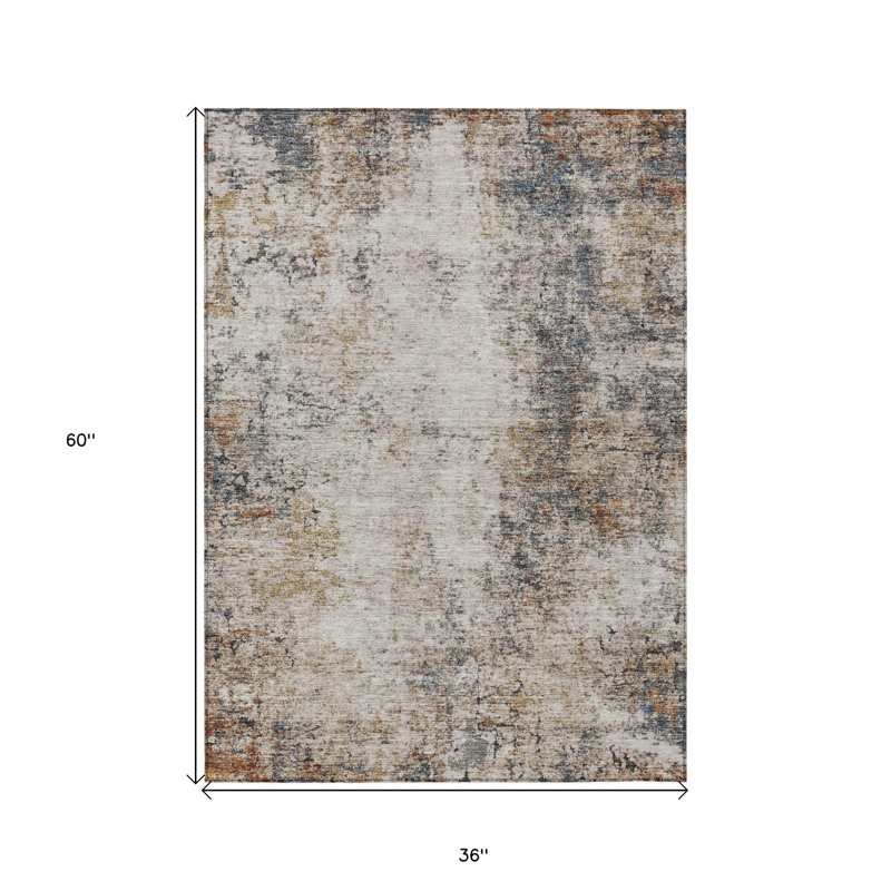 Tapis extérieur lavable abstrait bleu ivoire et cuivre 3 pi x 5 pi