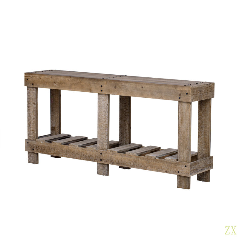 62.9" Vintage Entryway Table - Fir Solid Wood With  Grain, 6 Reinforced Legs & 4.5" Thick Desktop, Metal Rivet Decor & Plank Under-Shelf, Console Table For Hallway, Living Room