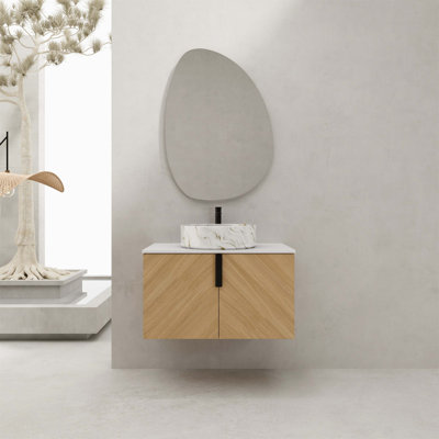 Meuble-lavabo mural avec lavabo d'art en céramique et dalle de pierre artificielle, portes à fermeture en douceur, fabrication en contreplaqué pour un rangement facile et un style moderne