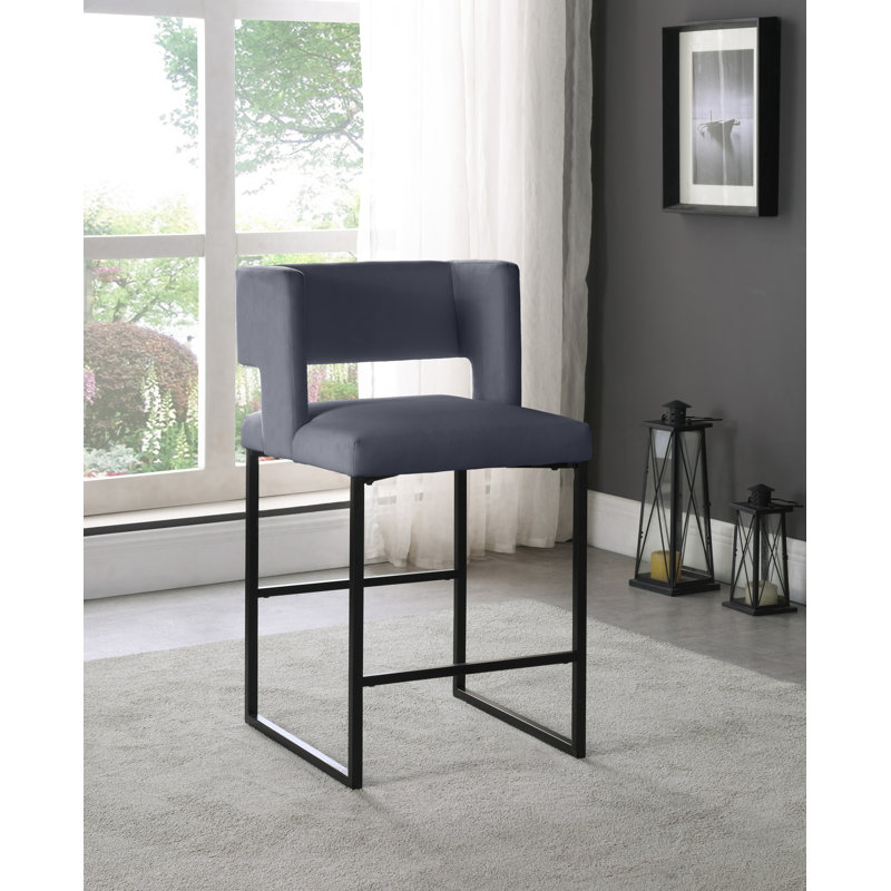 Caleb 26" Counter Stool, Brushed Gold, Grey Velvet