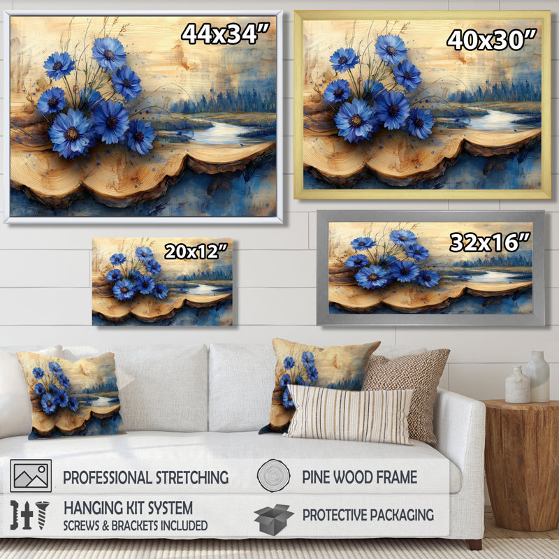 Fleurs bleues turquoise et paysage de rivière en bois V - Art mural de bleuet pour le salon, H 34 po x l 44 po, Cadre simple