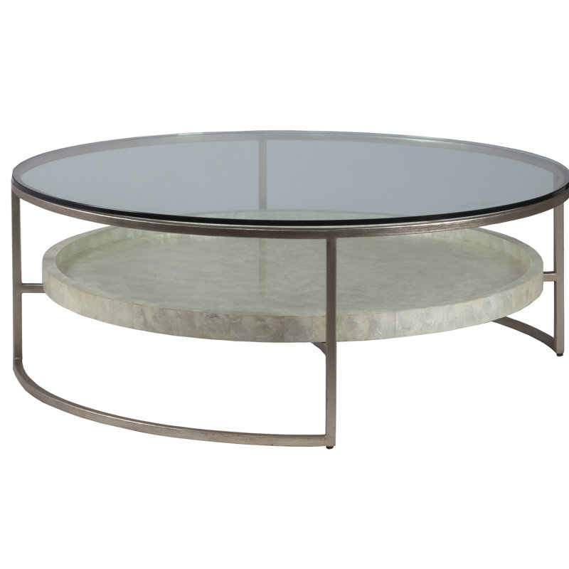 Modern Silver-White Round Glass Cocktail Table with Capiz Starburst
