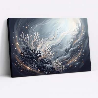 Art mural sur toile de coraux tourbillonnants stylisés en bleu et or