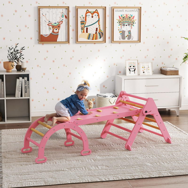 Ensemble triangulaire 7-en-1 en bois avec arche, rampe et échelle, rose, Rose