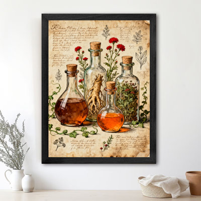 Reproduction d'art encadré noir avec bouteilles et herbes rétro