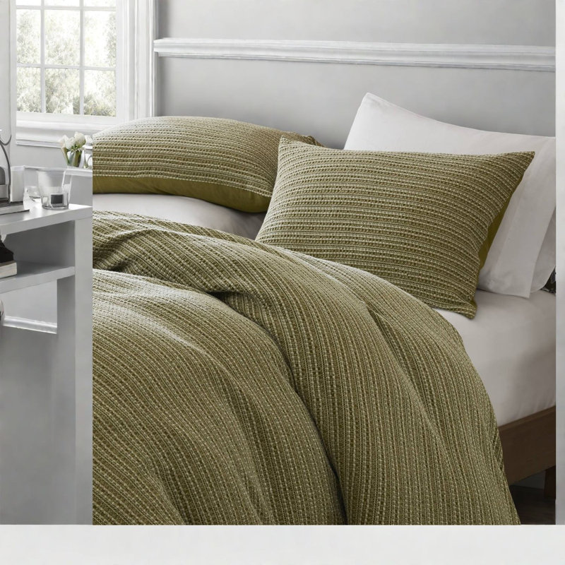 Cozy Cotton Bedding Sets, Green Waffle Texture Duvet Cover For All-season Comfort