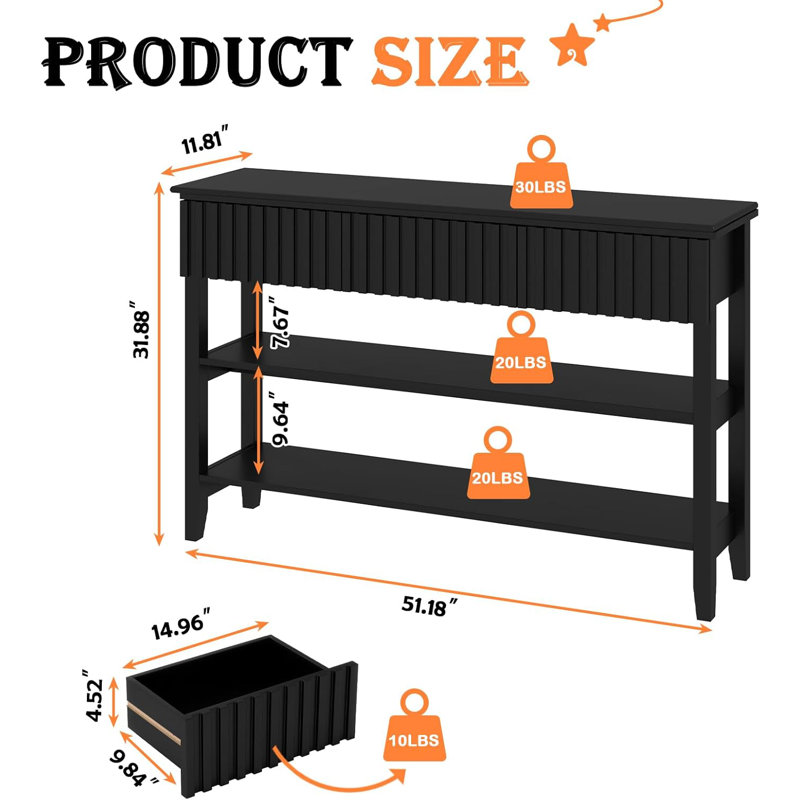 51.18" Console Table With 3 Drawers And Open Storage Shelf, Black