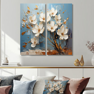 White And Blue Golden Orchid Tree Garden Of Branches VI - Large Abstract Floral Art Prints On Canvas