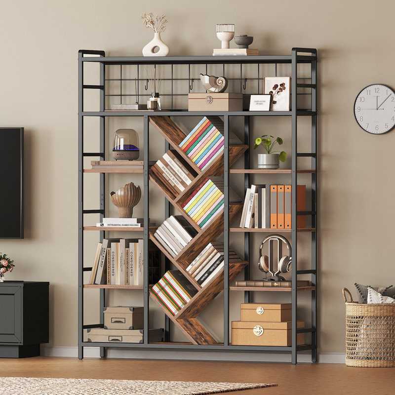 Triple 6-Tier Bookshelf, Industrial Large Bookcase with 18 Open Display Shelves, Modern Tree Bookcase with Metal Frame and Hanging Function