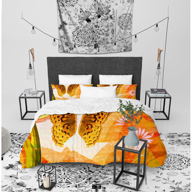 Orange Butterfly Polyester Comforter, Queen Comforter + 2 Standard Pillowcases