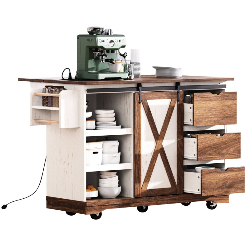 - Îlot de cuisine de style 55,5 po, abattant, étagère à épices, tiroirs de rangement et tablettes d'organisation de salle à manger,