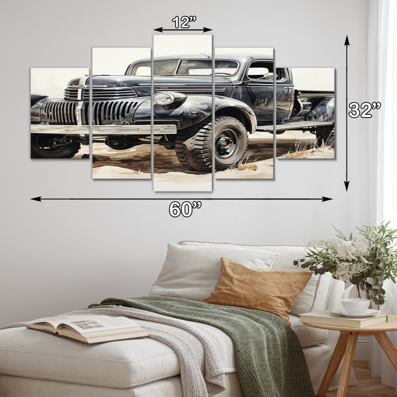 Minimaliste camionnette monochrome - transport mural art salon - 5 panneaux